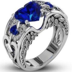 Blue love heart zircon silver plated size 10 ring
